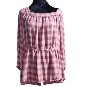 Lane Bryant Women's Plaid Peplum Blouse Square Plus Size 20 Pink and Brown